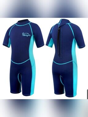 Kids' Short-Sleeve Swim Rashguard in Navy & Aqua 2.5mm Neoprene